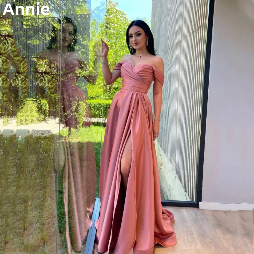 

Annie Pink Prom Dress Satin Off The Shoulder Evening Dresses Women's Wedding Formal Occasions Dresses Robes De Soirée