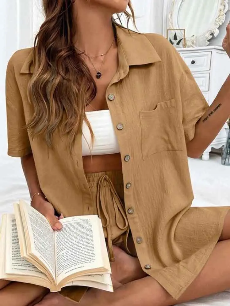 Summer Women\'s Suit Short Sets Outfits Two Pieces Solid Color Shirt Set Button Outfits Loose Fit Short Sleeve Female Clothing