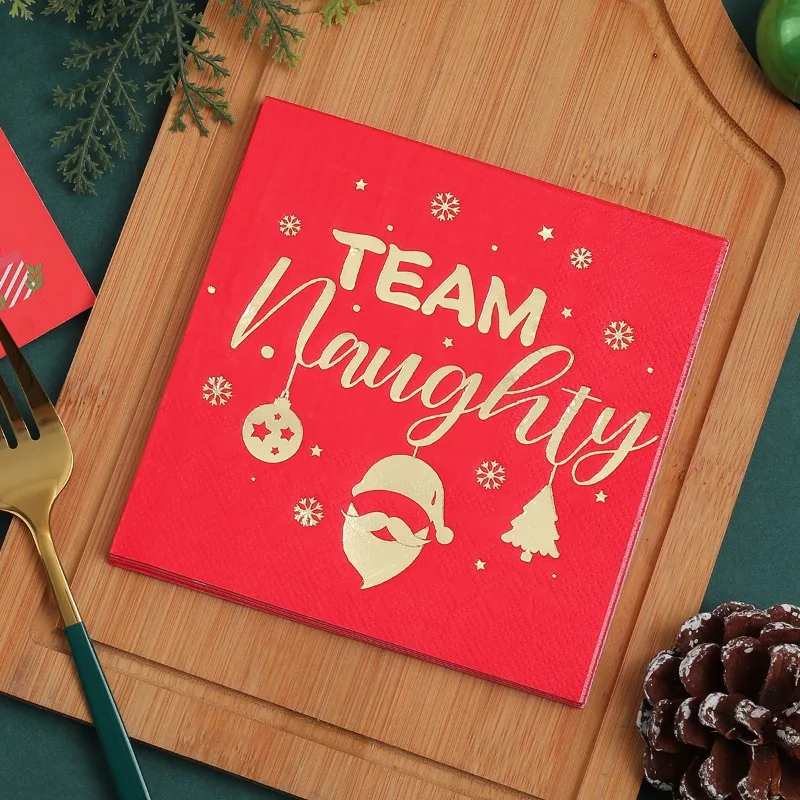 20sheets Christmas Napkins 3Ply 25*25cm Red Gold Foil "Team Naughty" Xmas Dinner Table Decor
