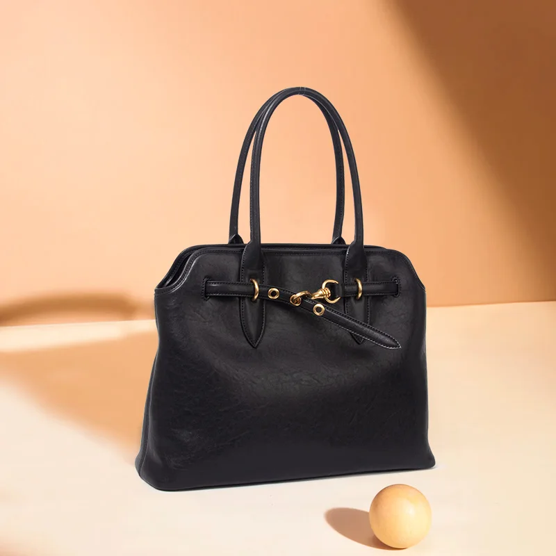 

New Retro Designer Large Briefcase Tote First Layer Cow Leather Women Handbag High-end Cowskin Bussiness Female Shoulder Bag