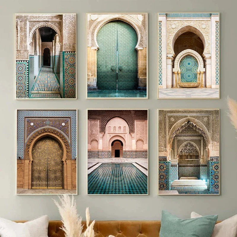 1pc frameless Canvas Painting Moroccan Door Arab Canvas Print Islamic Muslim Wall Architectural Wall Art Poster for Living Room