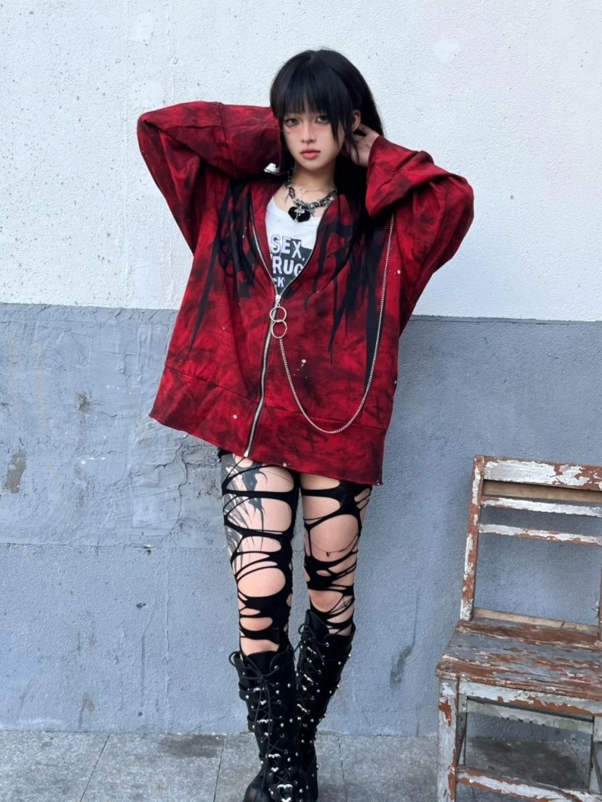 Jaqueta Feminina Estilo Street Punk Dark Rock com Zíper, Cardigã