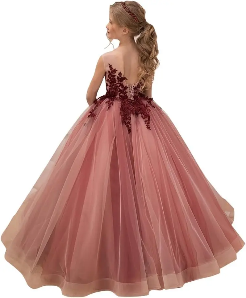 Vestido de florista com apliques de renda – Vestido de baile elegante para crianças, casamento, baile de formatura e ocasiões especiais