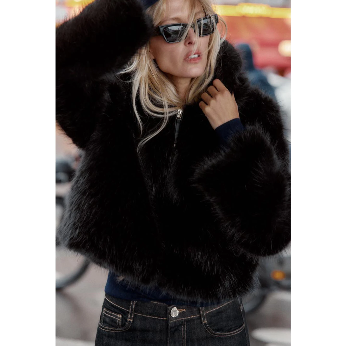 Otoño Invierno nueva llegada mujer cremallera Trim largo Sve con capucha piel Artificial ort Jaet abrigo fibra de poliéster cuello levantado