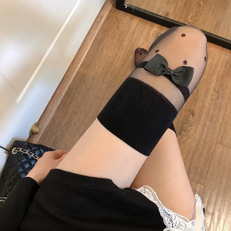

Bowknot Lace Dot Point Hosiery Nylon Stockings Mesh Sexy Women's Extra Long Tight Mujer Stylish Dot Perspective Over Knee Socks