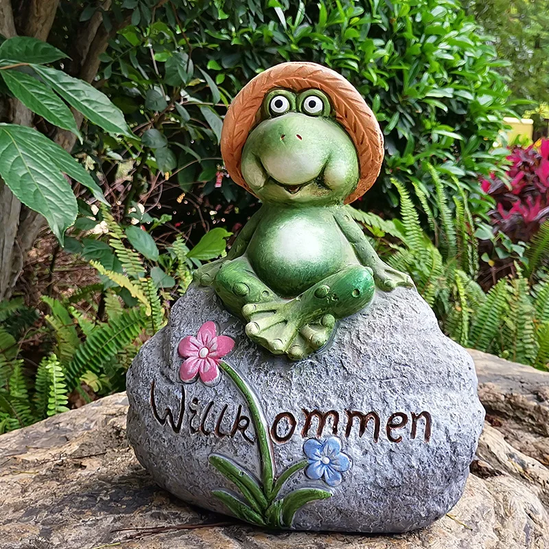 Outdoor Garden Frog Stone Welcome Signs Resin With Hand Painted Grey Green Colors Germany Accents Yard  Patio Lawn Art Ornament