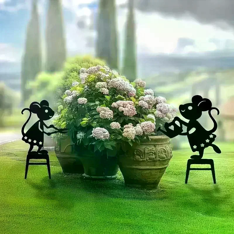 2D Flat Metal Mouse Decoration Garden Stakes Cute Mouse Garden Pot Decorations Gardening Worker Mouse Ground Inserts