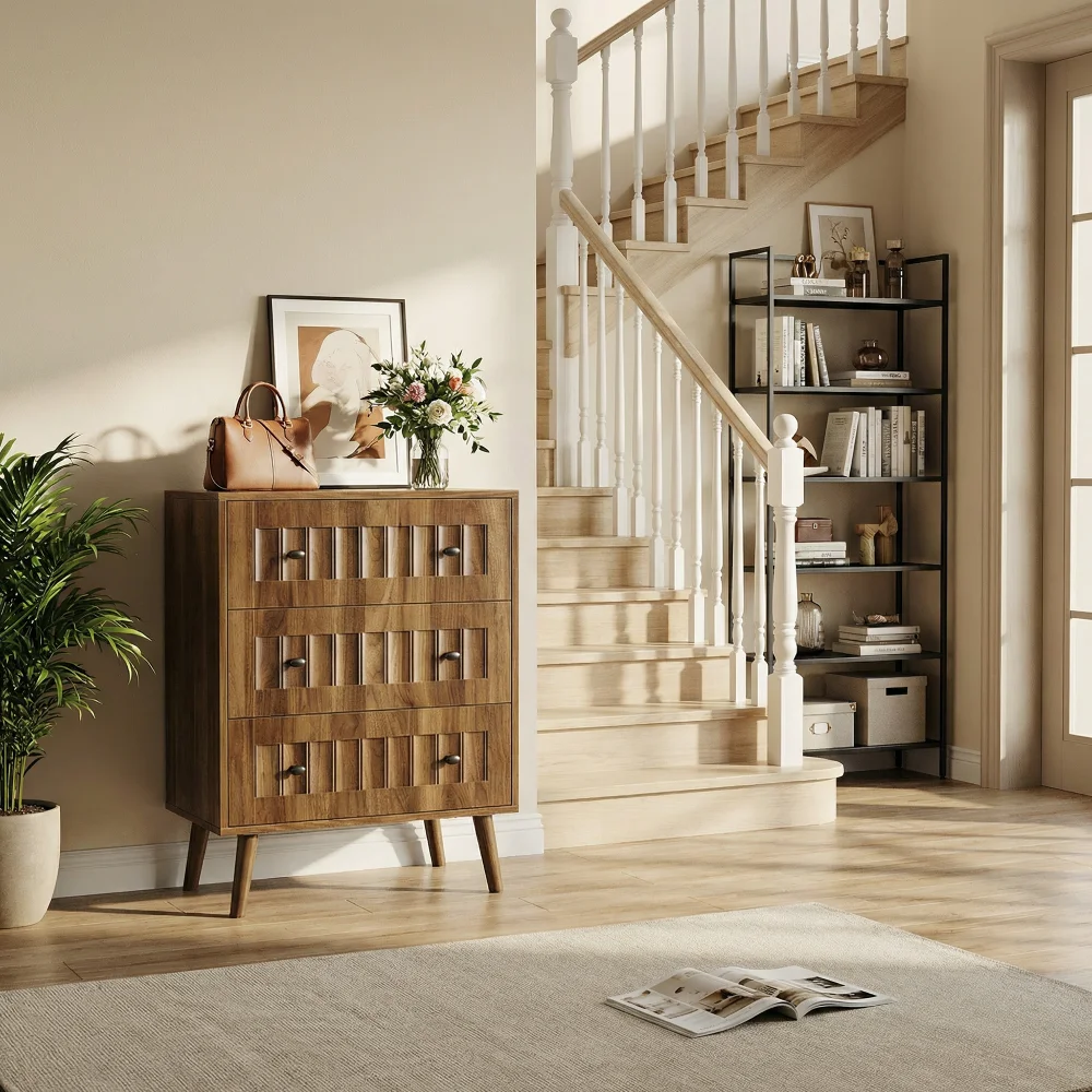Commode à trois tiroirs Ye Three, armoire moderne, meuble de rangement en bois, coiffeuse/meuble de rangement, idéale pour salon, chambre, couloir (bois de noyer)
