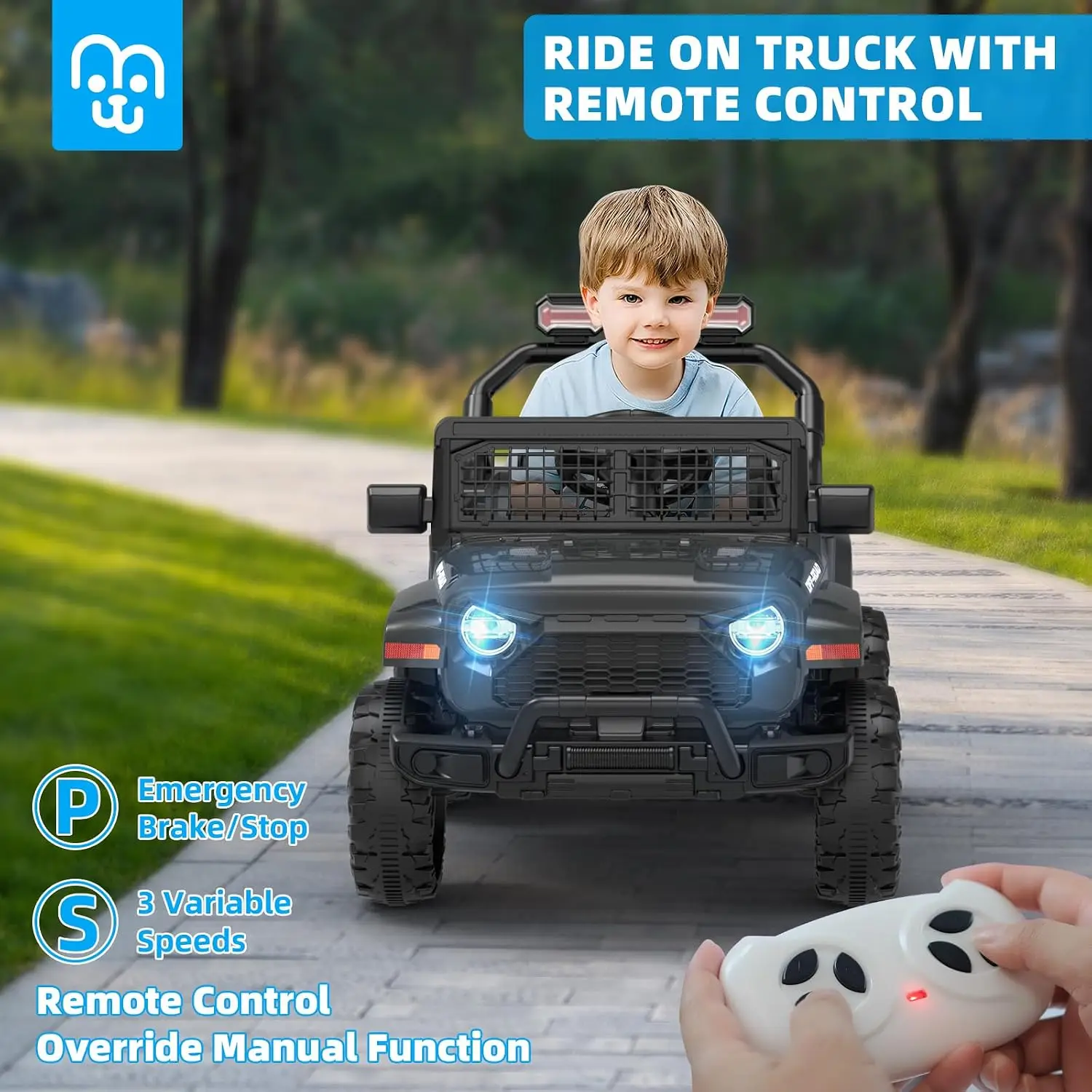 12V Kids Ride Truck Car Remote Control Ride Toy Toddlers Bluetooth USB Music Suspension System Soft Start Safety Belt Kids Elect