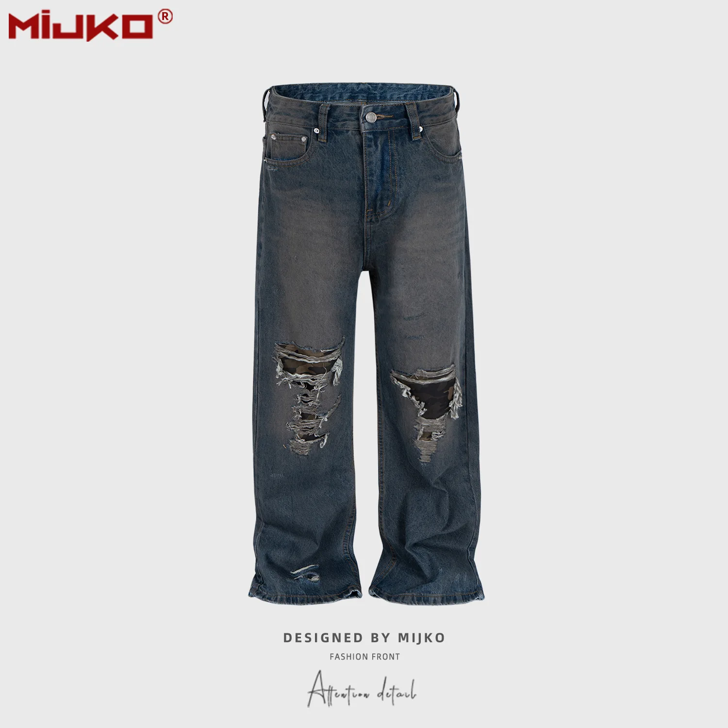

MIJKO American Vintage High Street Patch Holes Camouflage Jeans Men And Women Straight Drape Denim Long Pants New