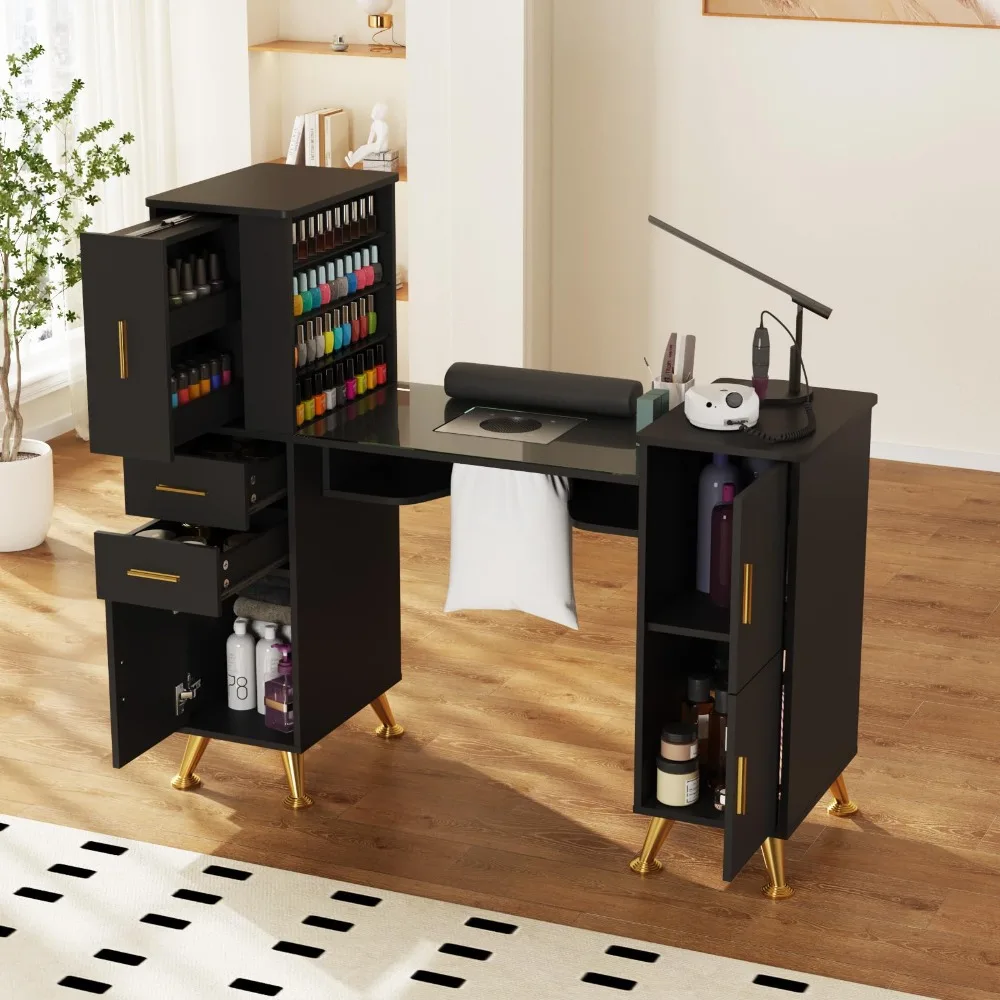 Nail Desk Manicure Table with Dust Collector & Glass Top (Black)