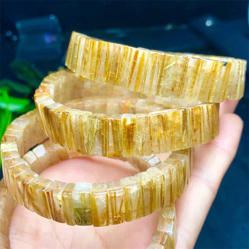 Natural Gold Rutilated Bangle For Women Men Gift Crystal Beads Gemstone Strands Jewelry 1PCS 4X12MM