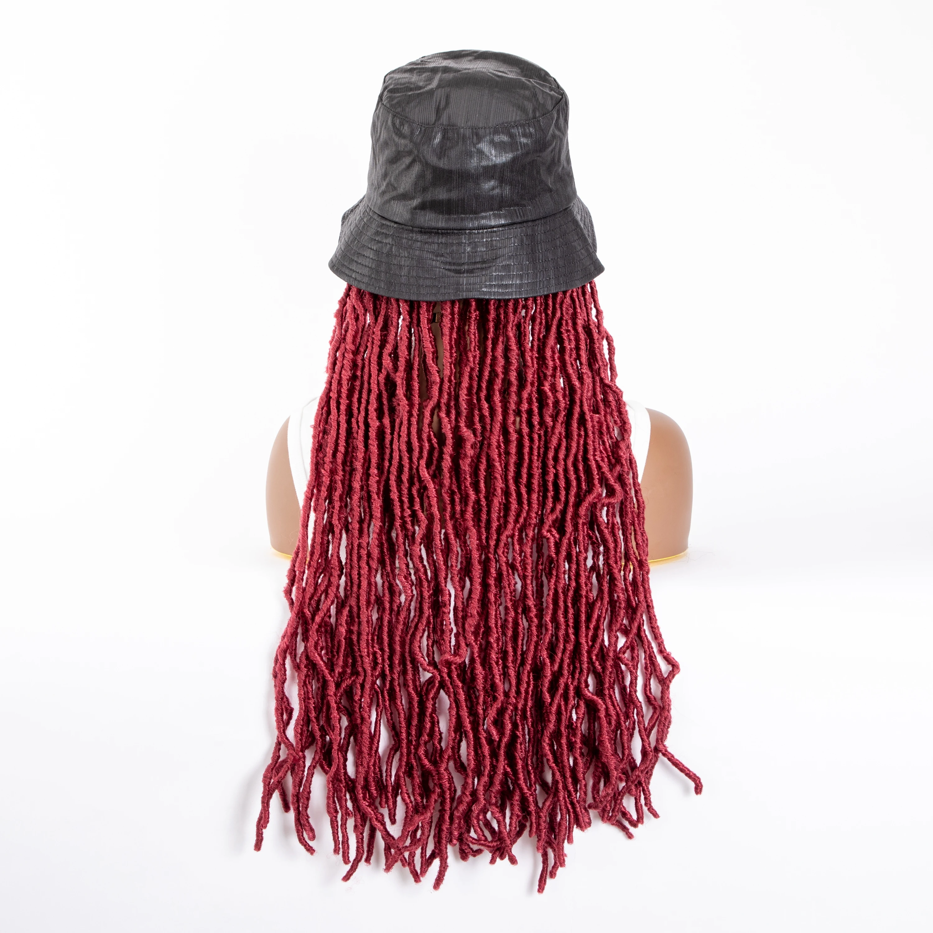 WIGERA Synthetic Medium Soft Nu Faux Locs Burgundy Braides Hair Extensions With Fashion Bucket Hat Cap Wigs For Afro Black Women