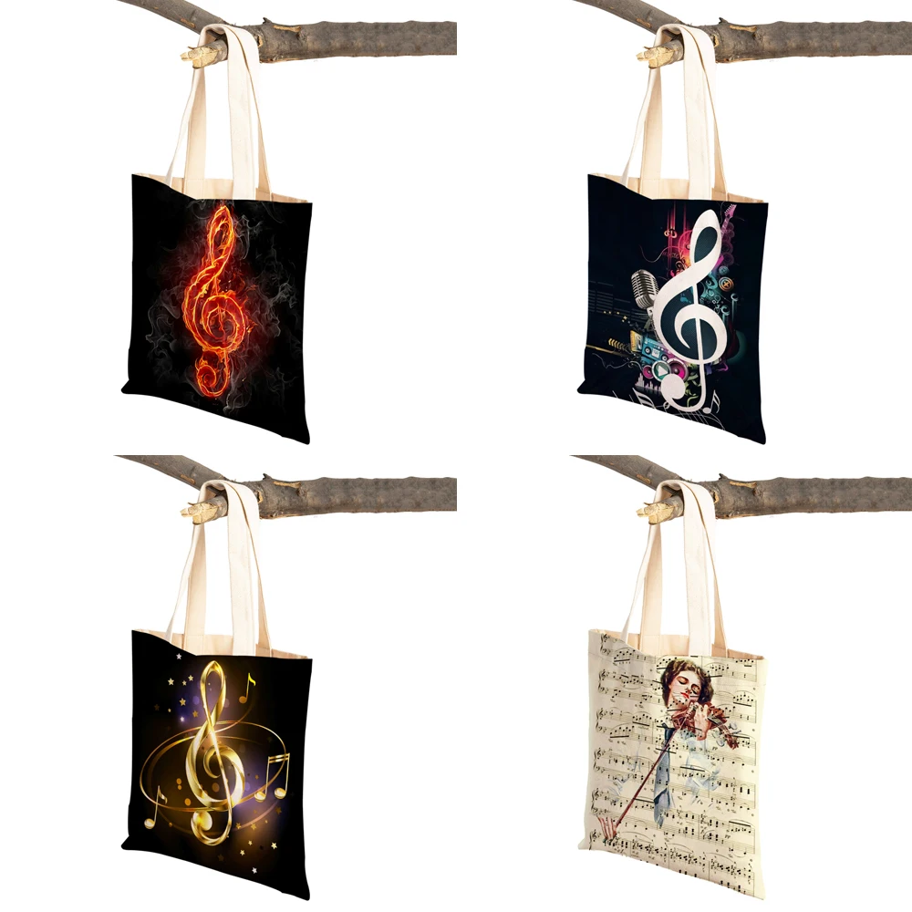 Fashion Music Note Tote Handbag for Women Guitar Microphone Violin Reusable Both Sided Print Casual Lady Canvas Shopping Bag