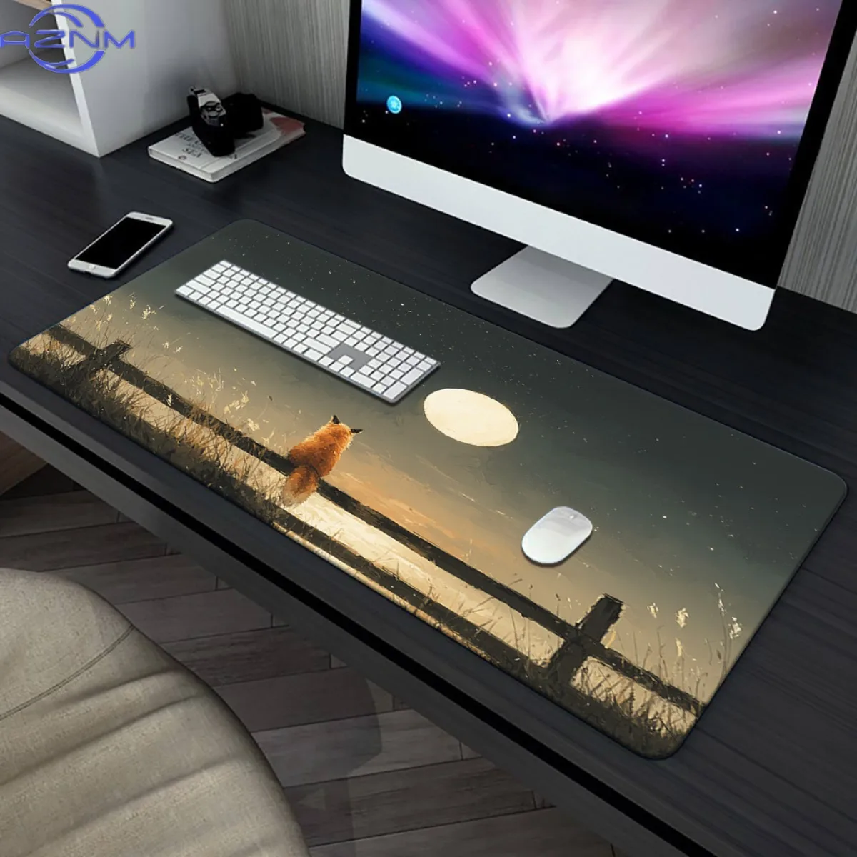 1pc Fox Under Full Moon XXL Gaming Mouse Pad - Non-Slip Rubber Base, Vibrant Starry Night Design with Fox & Moon Art, Durable Of