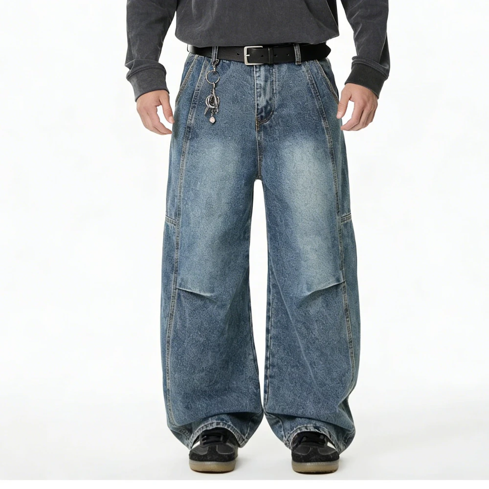 

Denim Jeans Men's Loose Scimitar Wide Leg American High Street Pants Splicing Trousers Men Clothing Streetwear Baggy Pants