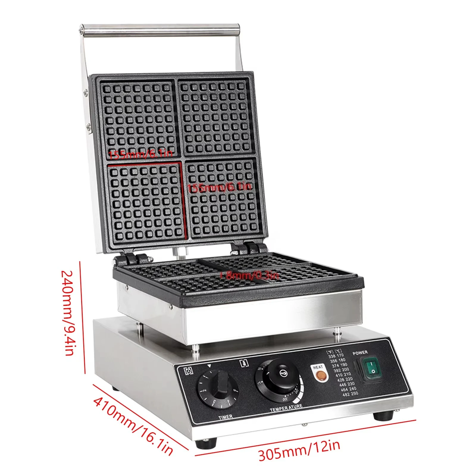 1750W Industrial Non-Stick Belgian Waffle Maker 4 Slice Snack Machine Teflon-Coated Baking Pans Stainless Steel Body 110V New