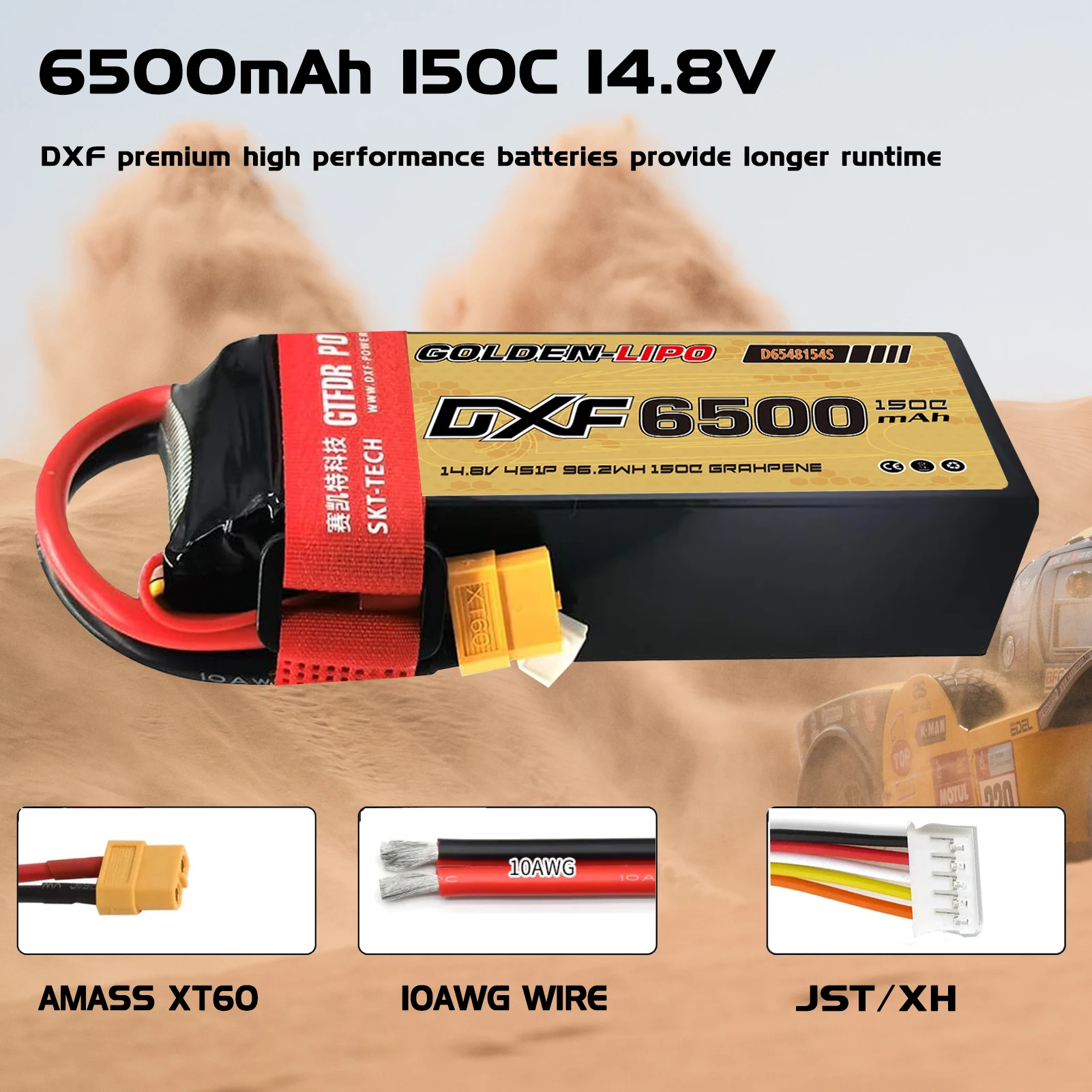 แบตเตอรี่ลิโพ 6500mAh DXF 4S 14.8V 150C พร้อมเคสแข็ง หัวต่อ XT60 สำหรับรถบังคับวิทยุ รถบรรทุก รถถัง รถบักกี้ รถทรักกี้ รถแข่ง งานอดิเรก