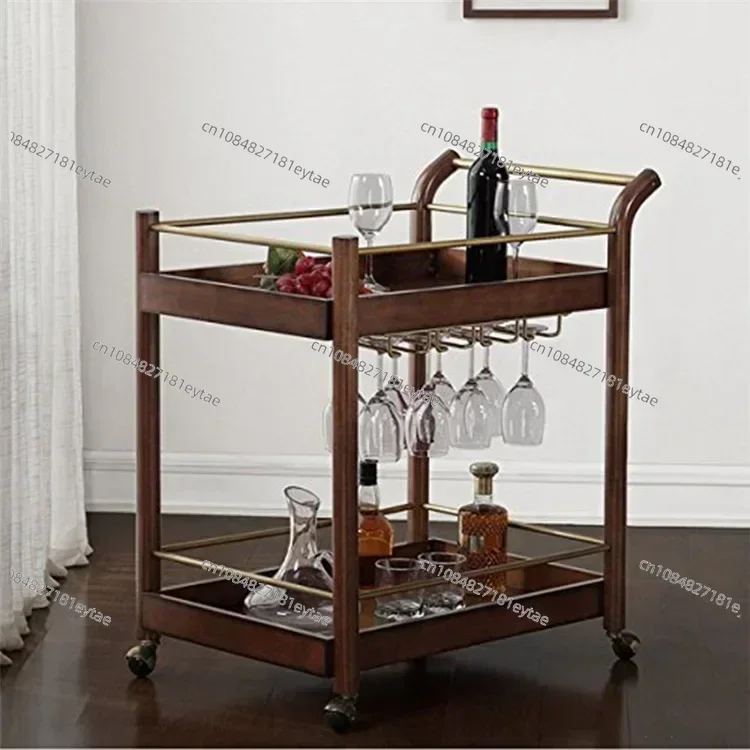 Nordic Solid Wood Cart Hotel Bar Liquor Wine Tea Food Beverage Service wooden trolley with Antique Bronze