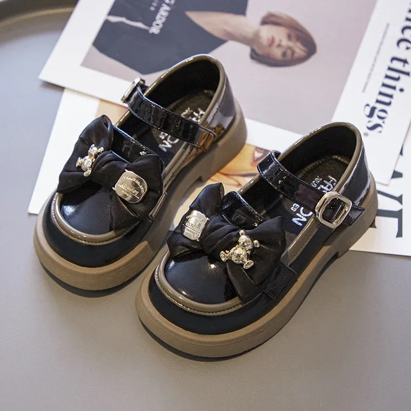 School Girl's Mary Janes Bowknot Bear Luxury Children Leather Shoes Black Beige Cover Toe 26-37 Light Autumn Kids Single Shoe