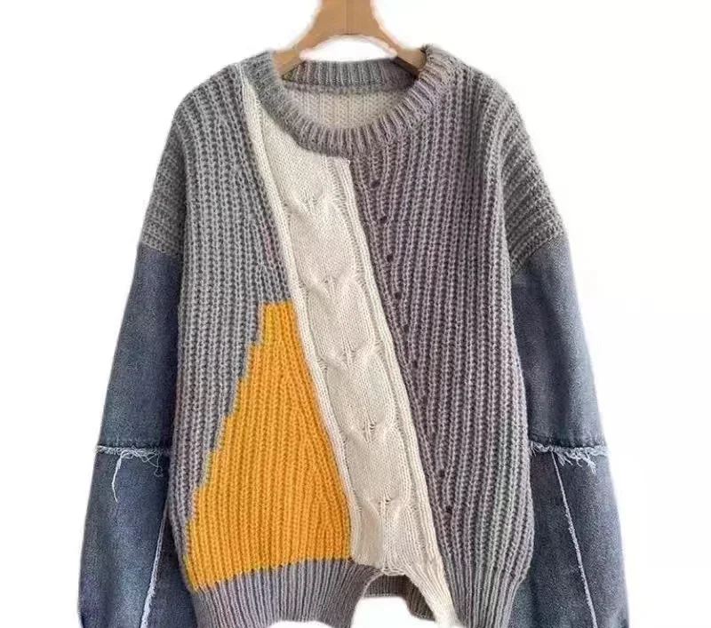 

Lazy Style Loose Denim Coarse Needle Design and Color Blocked Knit Sweater for Women