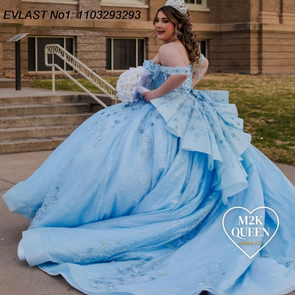 

EVLAST индивидуальное мексиканское синее бальное платье Quinceanera платье с цветочной аппликацией и бисером многоуровневое сладкое платье 16, Vestidos De 15 Anos E1QN182