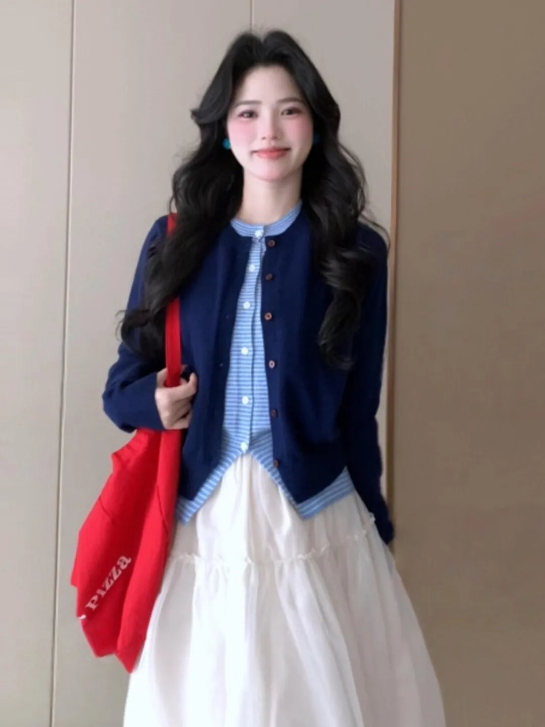 

Chang Tong Spring 2026 Women's Gentle Sle Two-Piece Set Comfortable Long Sve round Ne Top with Mid-Length Skirt