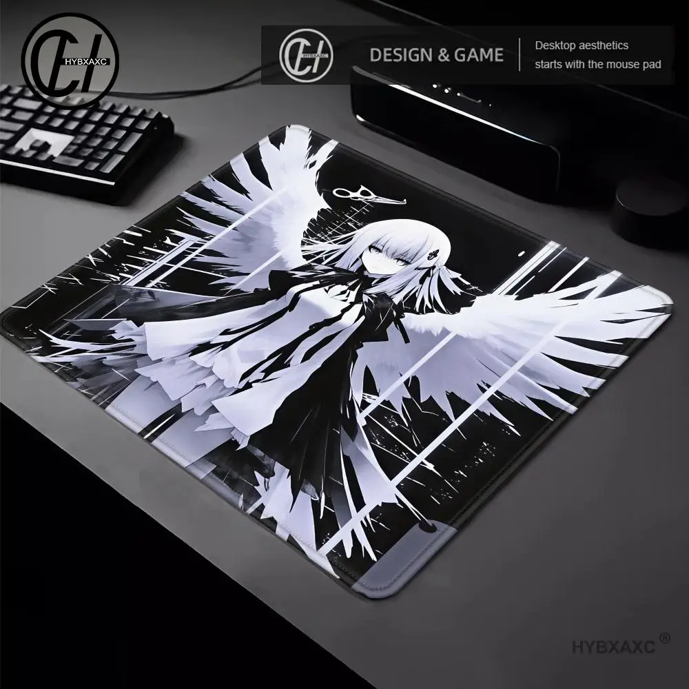 Broken Wing Gothic Angel Girl Mouse Pad Black White EMO Anime Oversized Non Slip Keyboard Desk Mat
