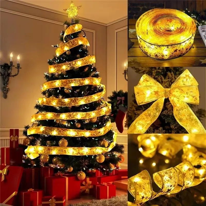 Christmas Ribbon Fairy Light String Merry Christmas Decorations For Home 2024 Xmas Tree Ornament Xmas Navidad Gift New Year 2025