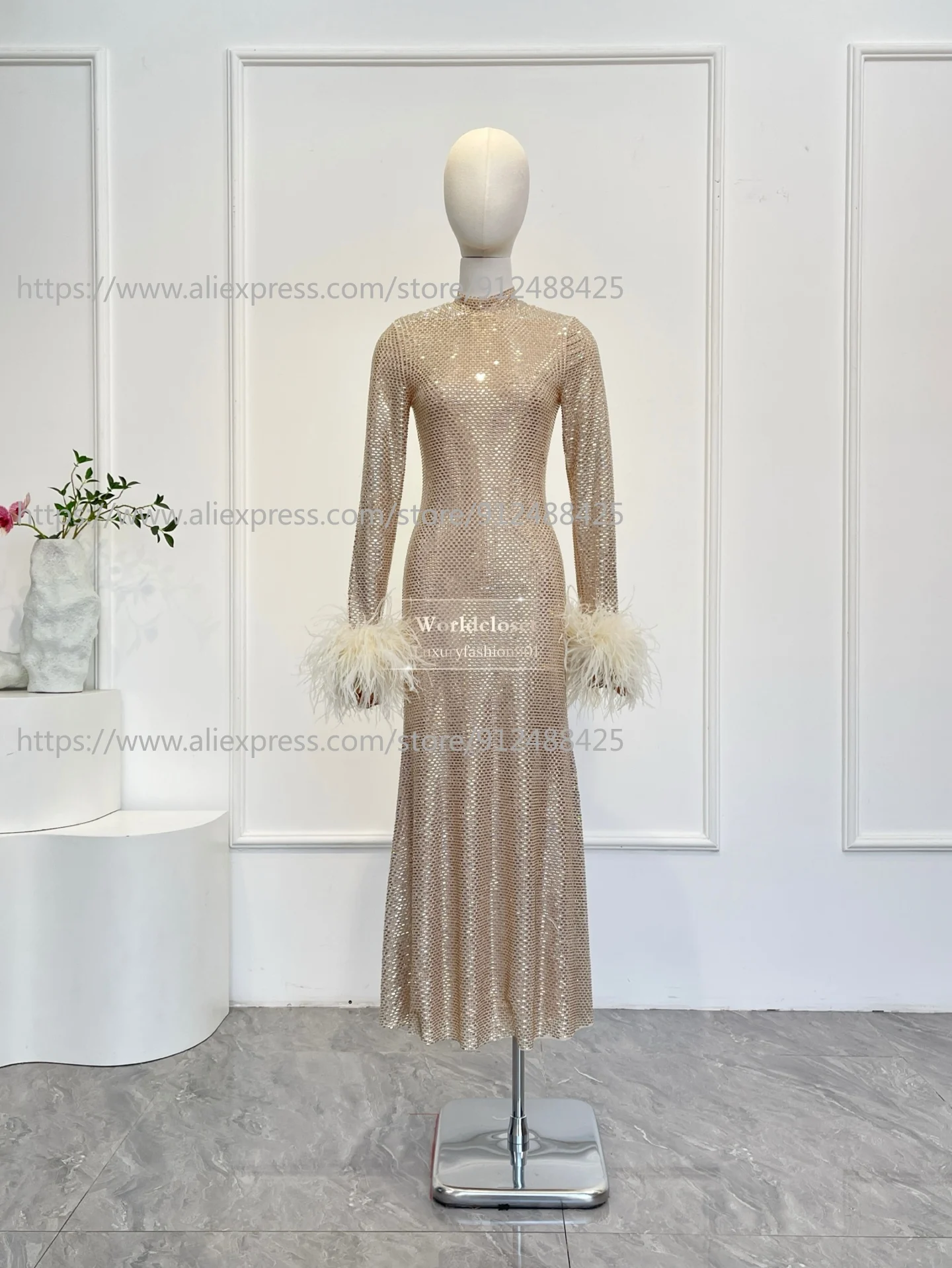 

Женское элегантное платье миди с длинными рукавами, расшитое стразами и перьями, цвета шампань, новинка 2026 года, для вечеринок