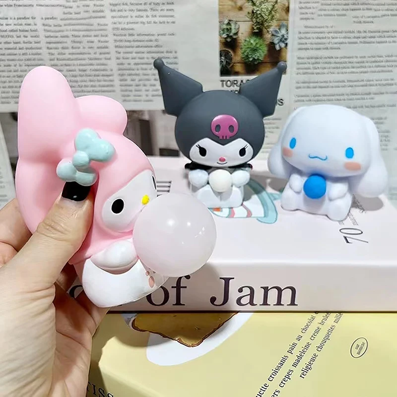 Śliczna kreskówka zabawka dekompresyjna Anime rysunek Kuromi Cinnamoroll Melody Spit Bubbles Stress Relief Squishy ręcznie szczypta zabawka prezenty