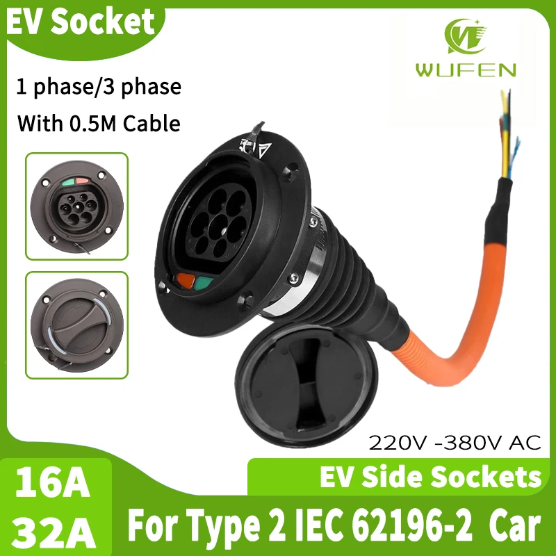 WUFEN Electric Vehicle Charging Inlet Type 2 Socket for IEC 62196-2 EV Side Charging Port 16A 32A 220V~380V AC Type 2 Connector