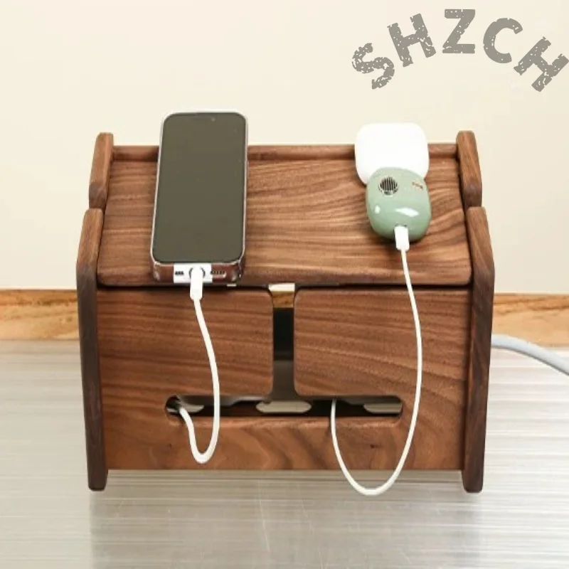 Black Walnut Flip Cover Cable Organizer with Surge Protector Enclosure and Router Shelf for Desk Cord Management
