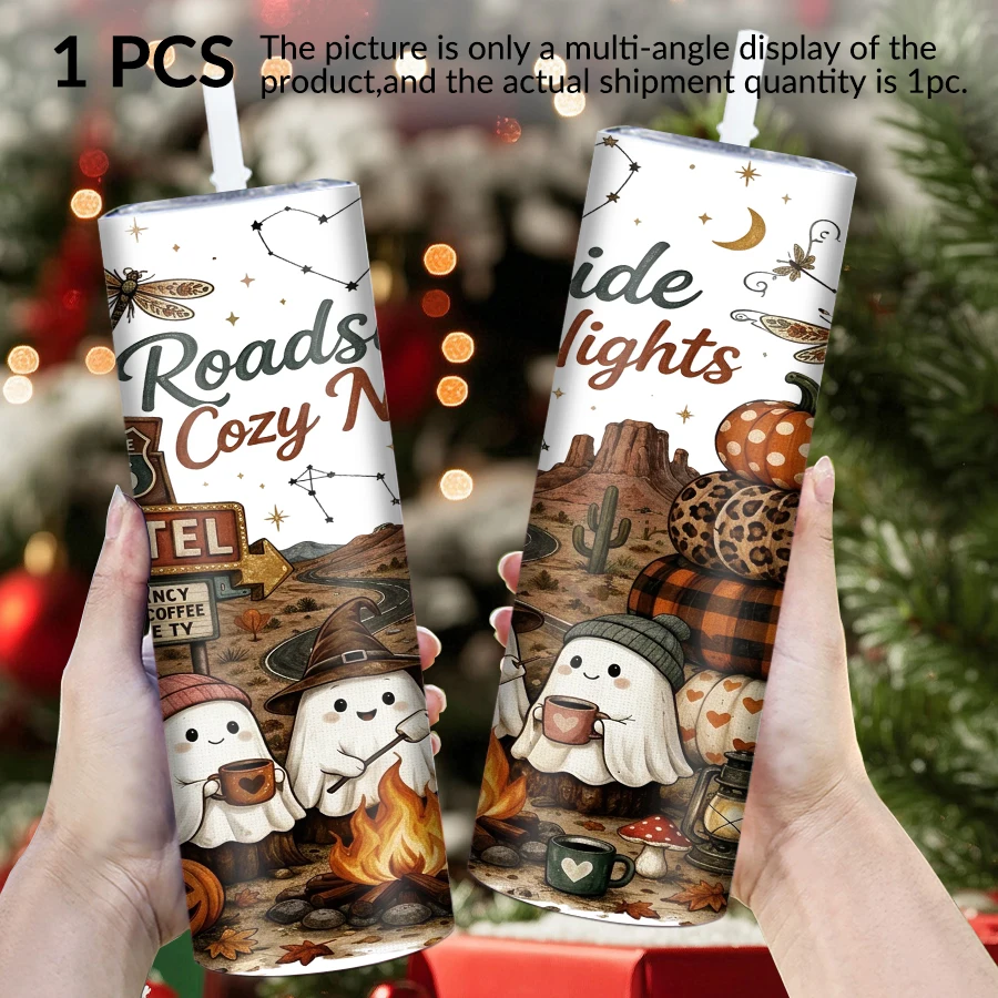 1pc 20Oz stainless steel straight cup with straw cover Christmas ghost elements suitable for Christmas and Halloween as gifts.