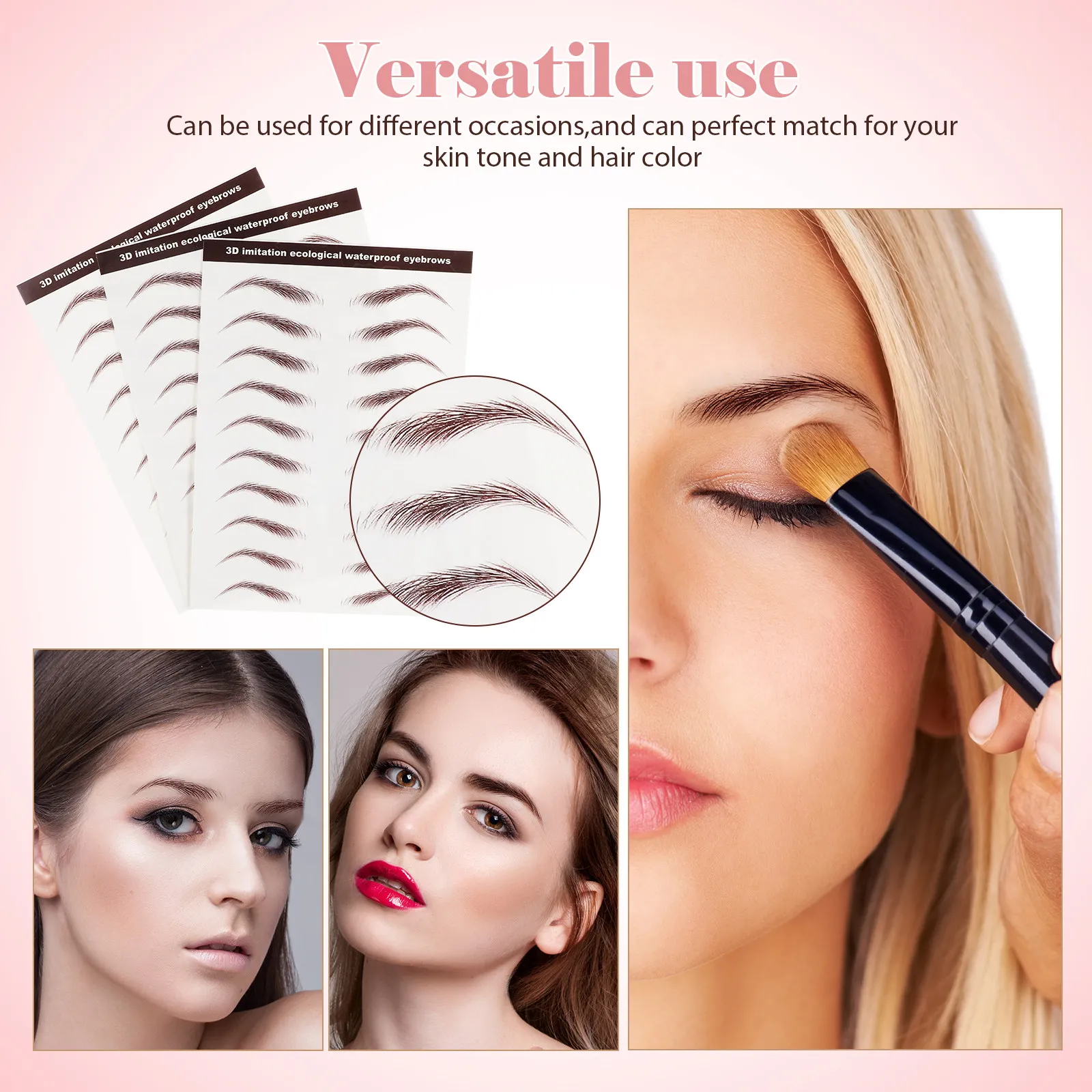 3 Sheets Waterproof Eyebrow Stickers Realistic Simulation Transfer Stickers for Natural Looking Fake Eyebrows Brown Skin Tone