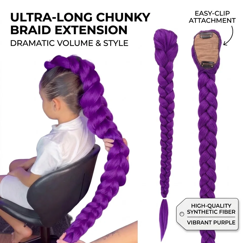 Ultra Long Chunky Purple Braided Ponytail Extension Clip in Synthetic Braid Hair Extension Dramatic Volume Women Kids