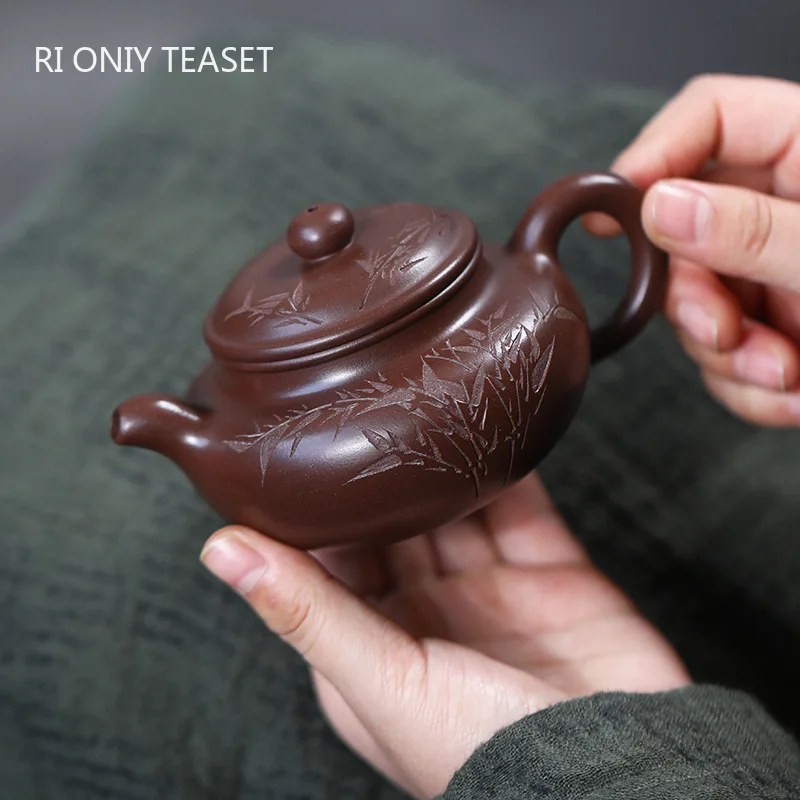 200ml Chinese Yixing Handmade Purple Clay Teapots Famous Hand-carved Bamboo Leaves Tea Pot Beauty Kettle Zisha Tea Set Teaware