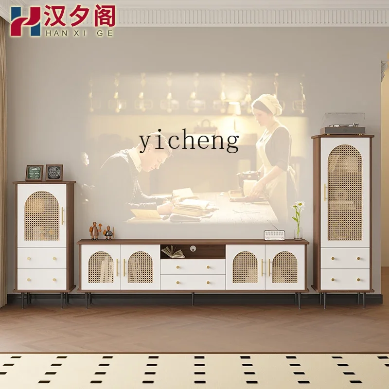 

retro style living room imitation rattan combination TV cabinet small apartment storage storage side cabinet