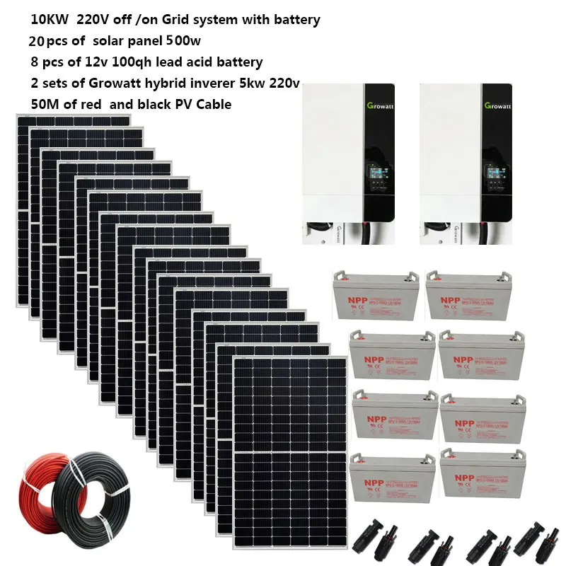 

Solar Panel Kit Complete With Battery 5000W 10000W 220V 110v On Off Grid Solar System Home Growatt Hybrid Inverter MPPT Camping