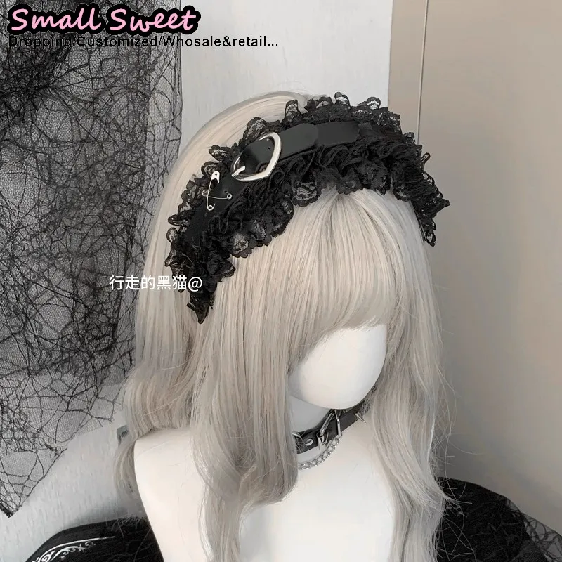 

Гот аксессуары для волос Harajuku Gothic Lolita Y2K девушка Панк любовь Цветочное кружево с рюшами повязка для волос повязка на голову обруч для волос колье ожерелье