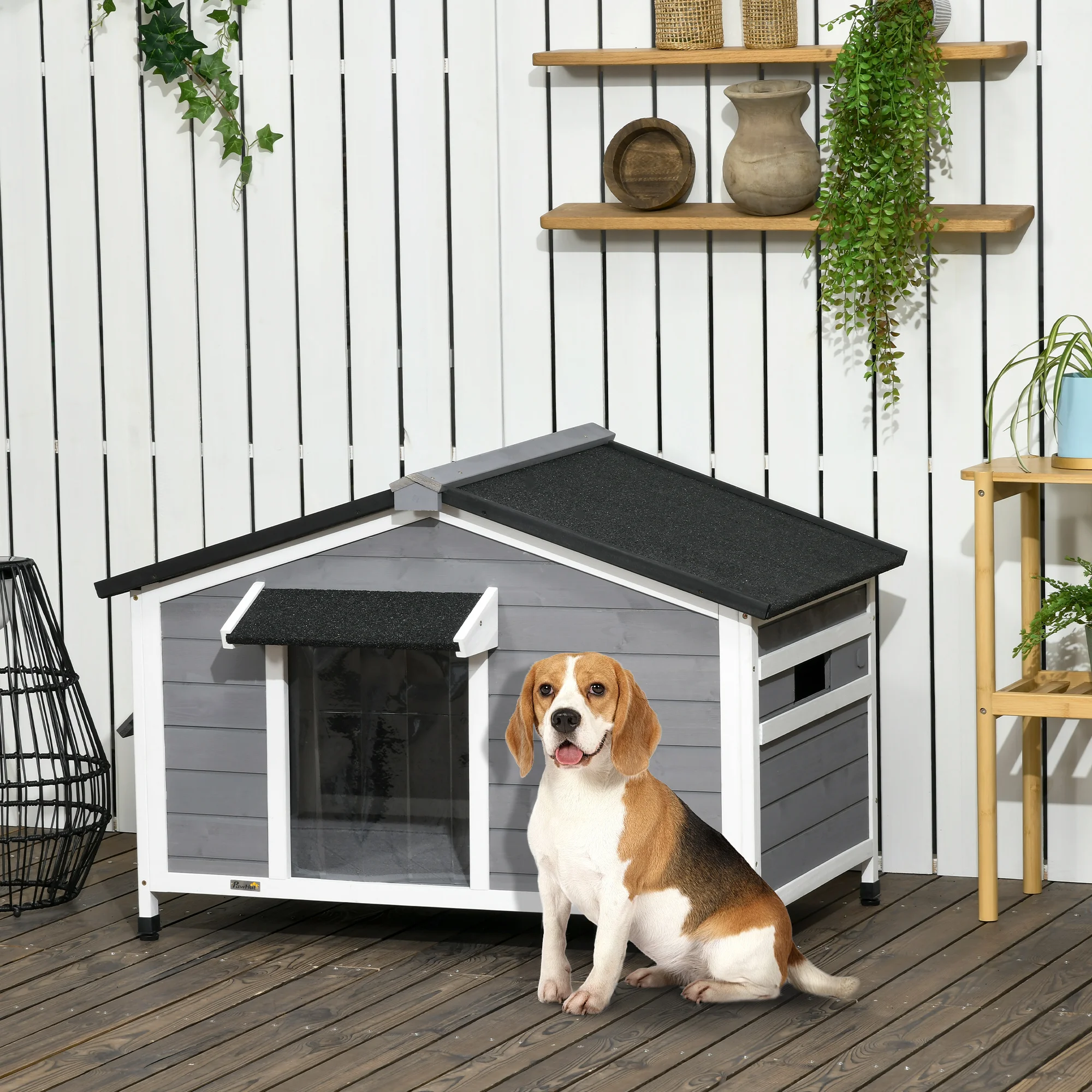 PawHut Casa per cani in legno con tetto ad asfalto aperto, pavimento rimovibile, casa per cani da esterno, casa per piccoli animali