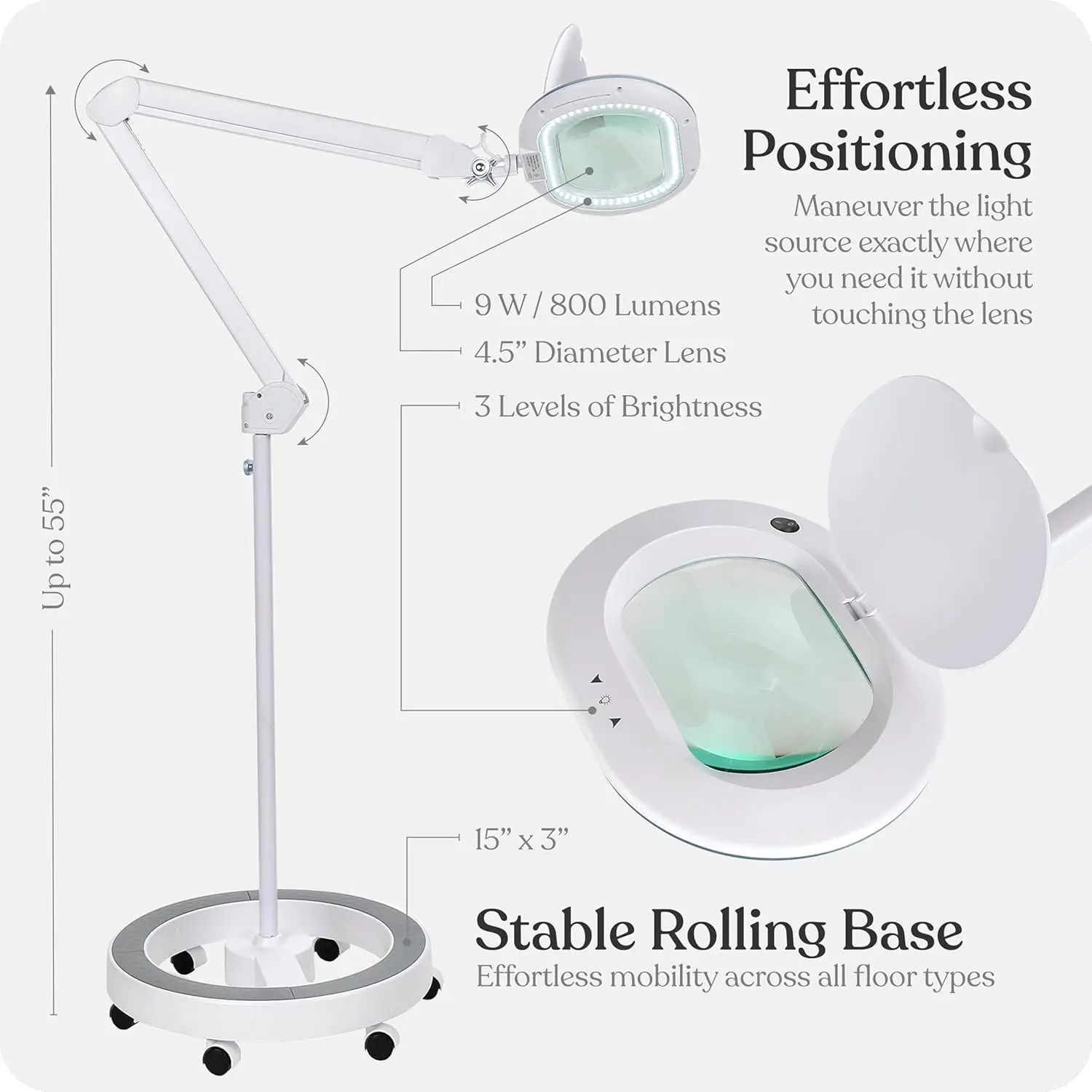 Magnifying Floor Lamp with LED Light and 6-Wheels for Crafts, Reading, and Close Work view 5