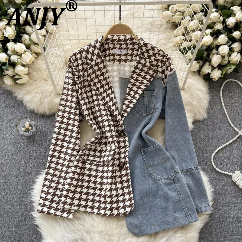 

ANJY Autumn New Women Vintage Streetwear Ins Stylish Denim Patchwork Single Breasted Coat Casual Elegant Asymmetric Blazer A8421