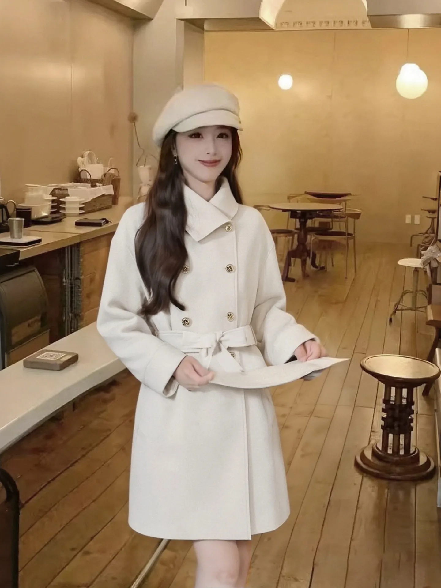 

Spring 2026 High Waist Trench Coat with Belted Waist Straps And Ele Feel Outerwear Long Sve Polyester Fiber
