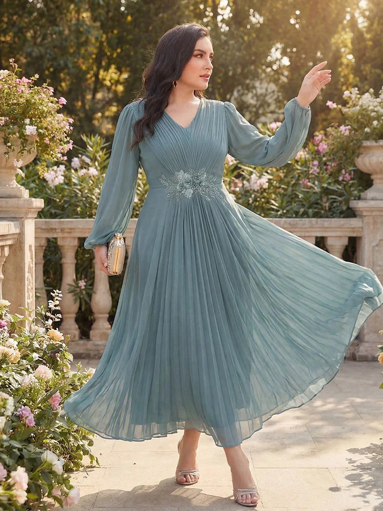 

TOLEEN 2026 Women's Elegant Plus Size V-Neck Bishop Sleeve Ruffle Dress With Applique, Suitable For Wedding Guest Party Evening