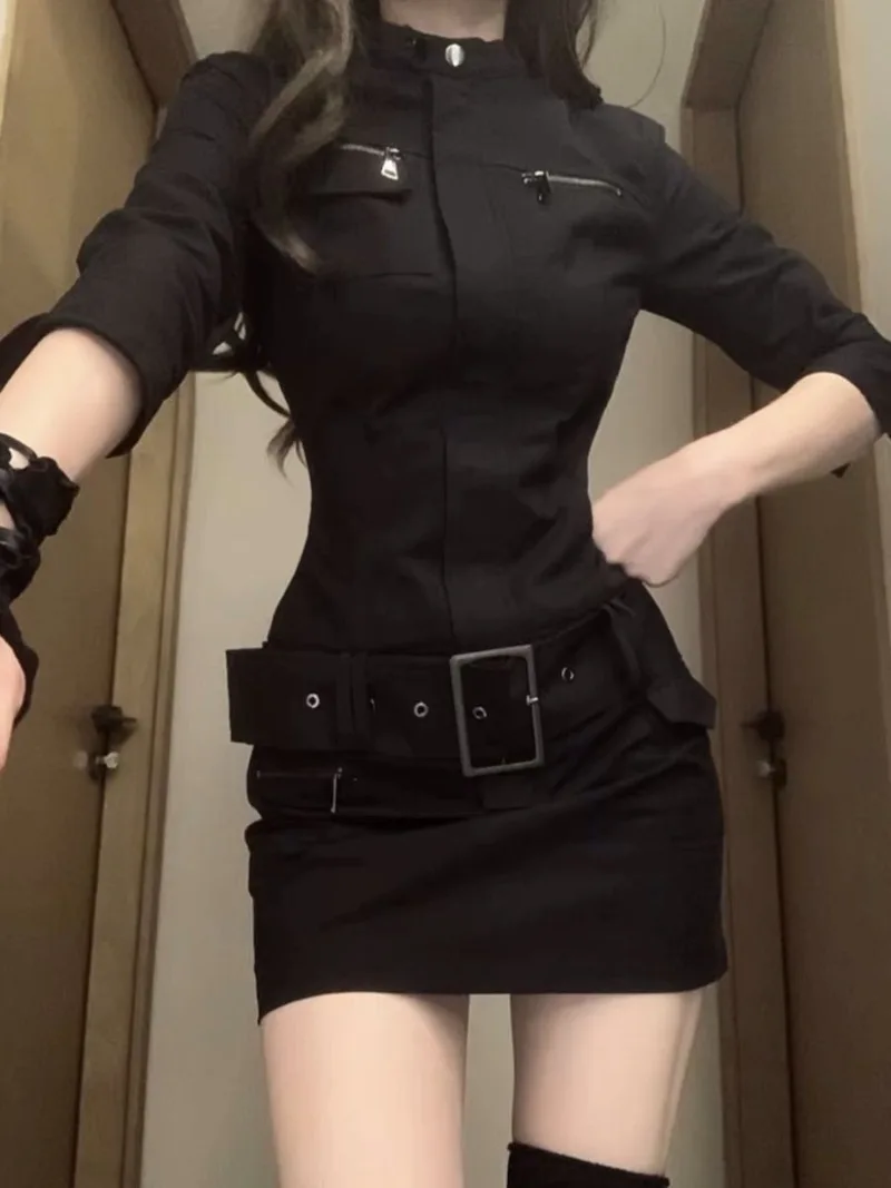 Autumn Vintage Cargo Clothing Black Slim Y2k Mini Dress Short Party Elegant Bodycon One Piece Korean Fashion