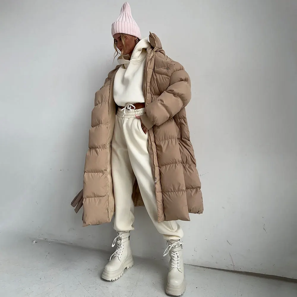 Long Women's Cotton-padded Jacket 2025 Winter Warm Thick Dark Button Long Hooded Cotton-padded Jacket Coat