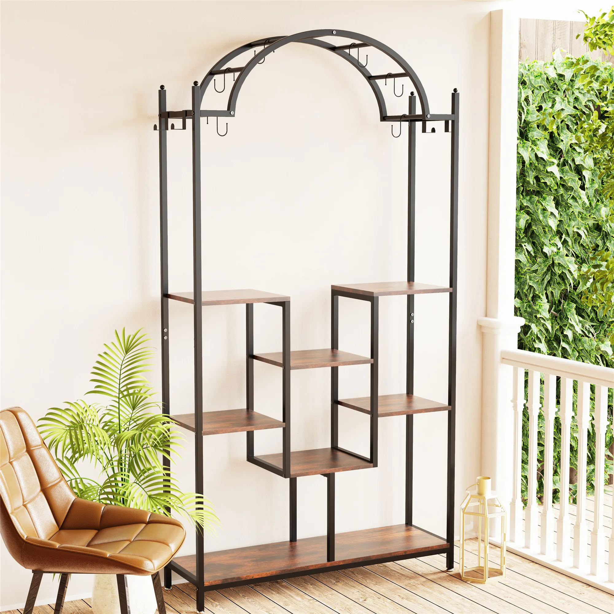 

74.8'' Arched Metal Flower Shelf with Hanging Hooks, Large Bonsai Pots Display Rack 5-Tier Tall Indoor Plant Stand