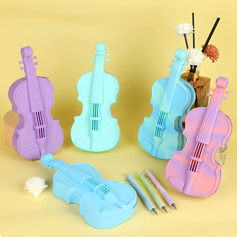 New Silicone Violin Pencil Case High Appearance Level Guitar Creative Pen Case Gift Children's Stationery Box Waterproof Pen Bag