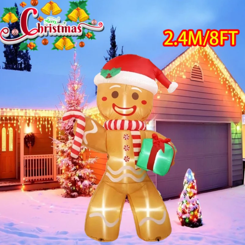 

2.4M/8FT Christmas Decorations Cane Gingerbread Man with Gift Inflatable Toys Model Party Props Indoor Outdoor Xmas Garden Decor